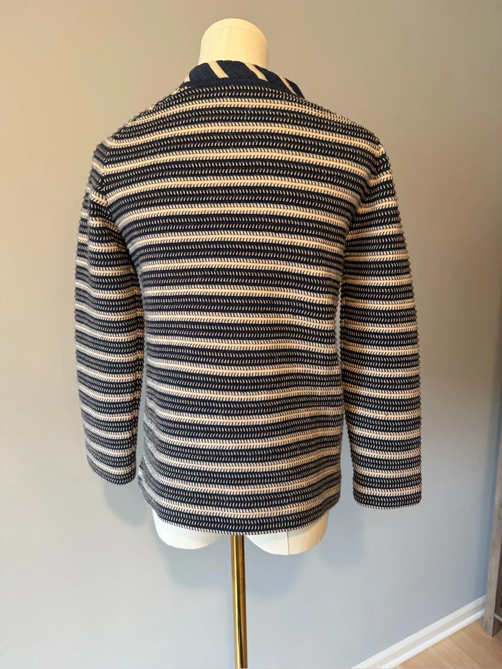 Tory Burch Navy and Cream Merino Wool Striped Knit Double-Breasted Jacket
